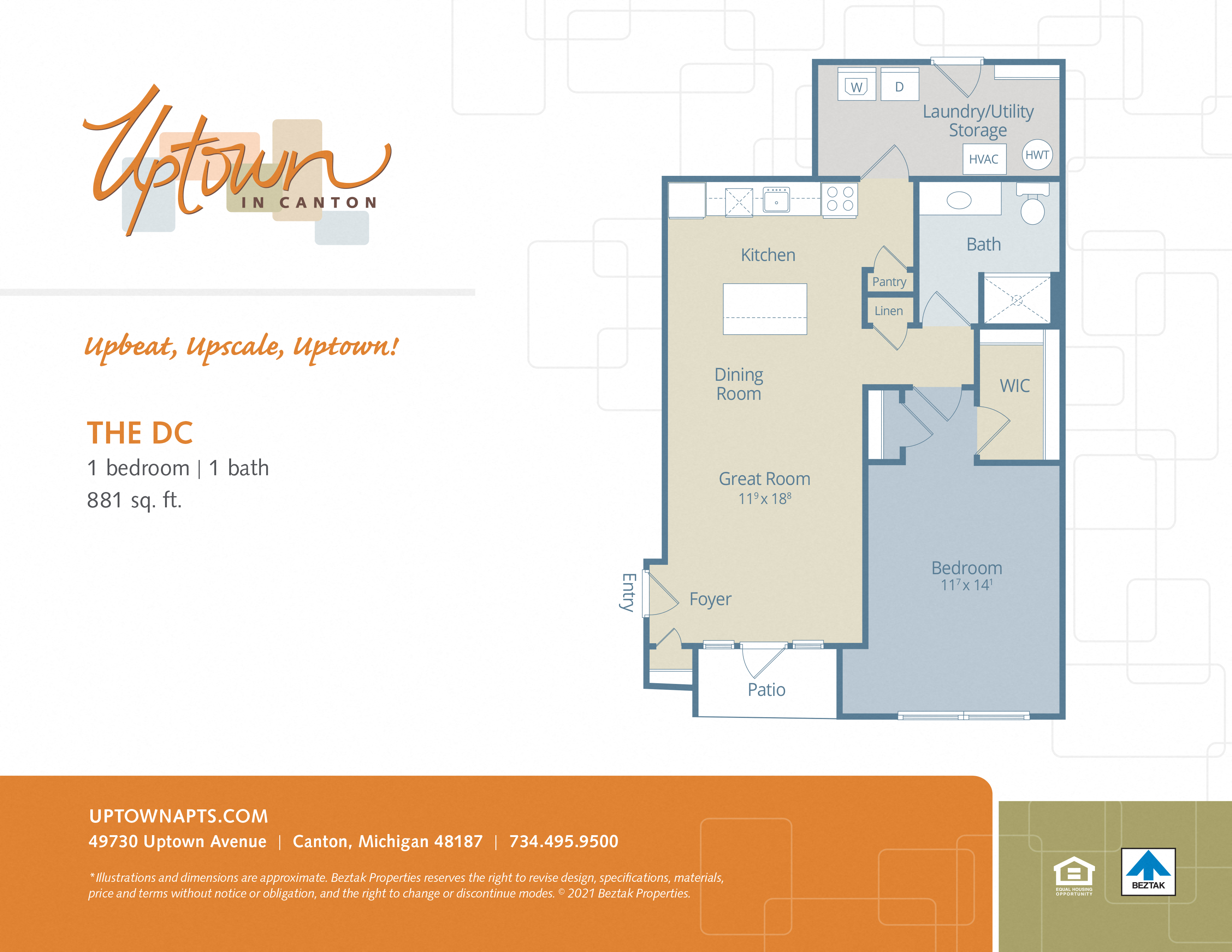 Floor plan for 1 bed, 1 bath, 881 sqft